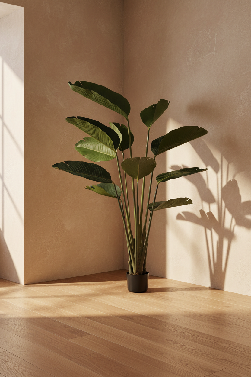 Artificial banana leaf tree in a black pot, tall green fronds casting shadows in a warm terracotta corner.