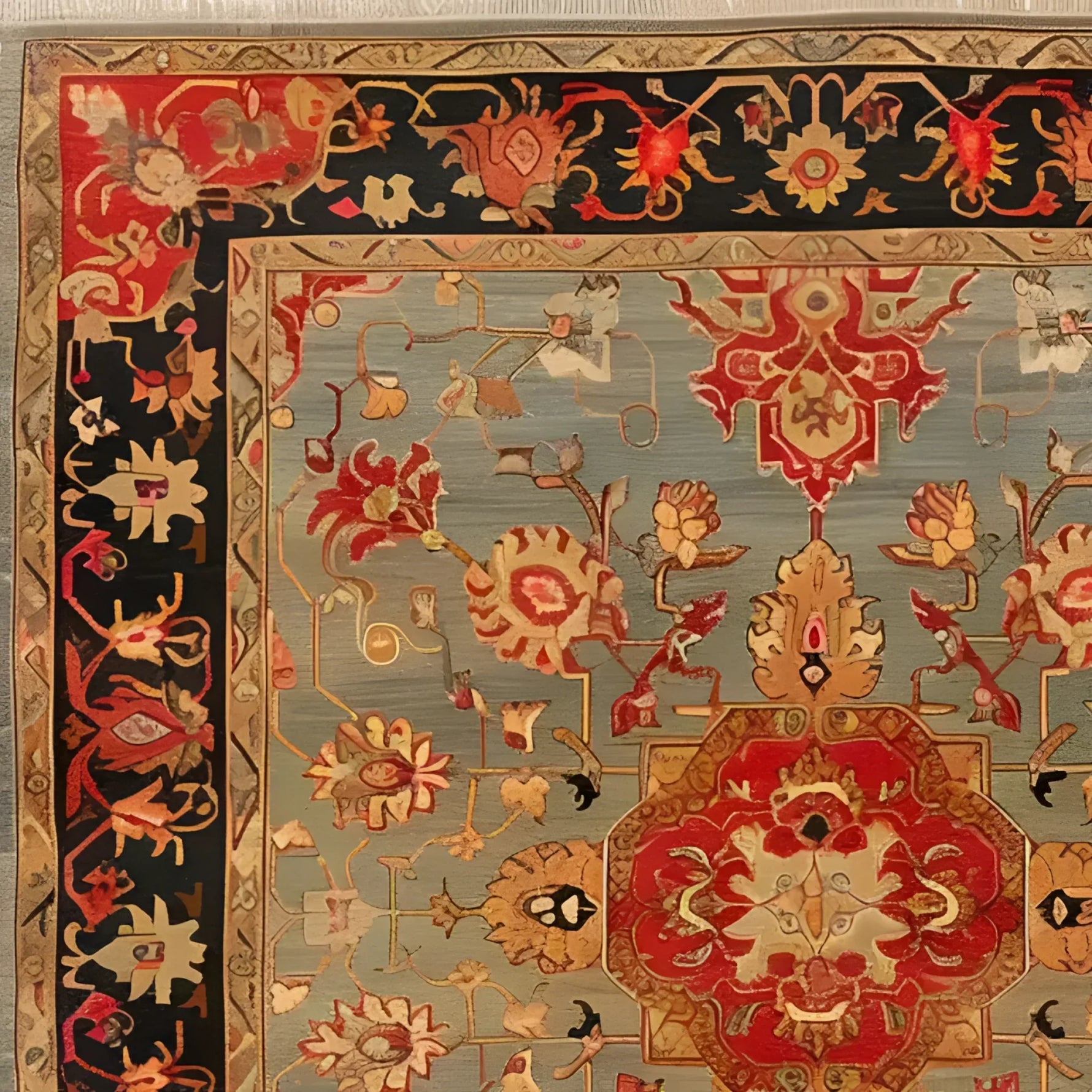 Artisan Floral Masterpiece rug corner detail; black border, red inner band, grey-blue field with red and gold floral vines, partial red medallion