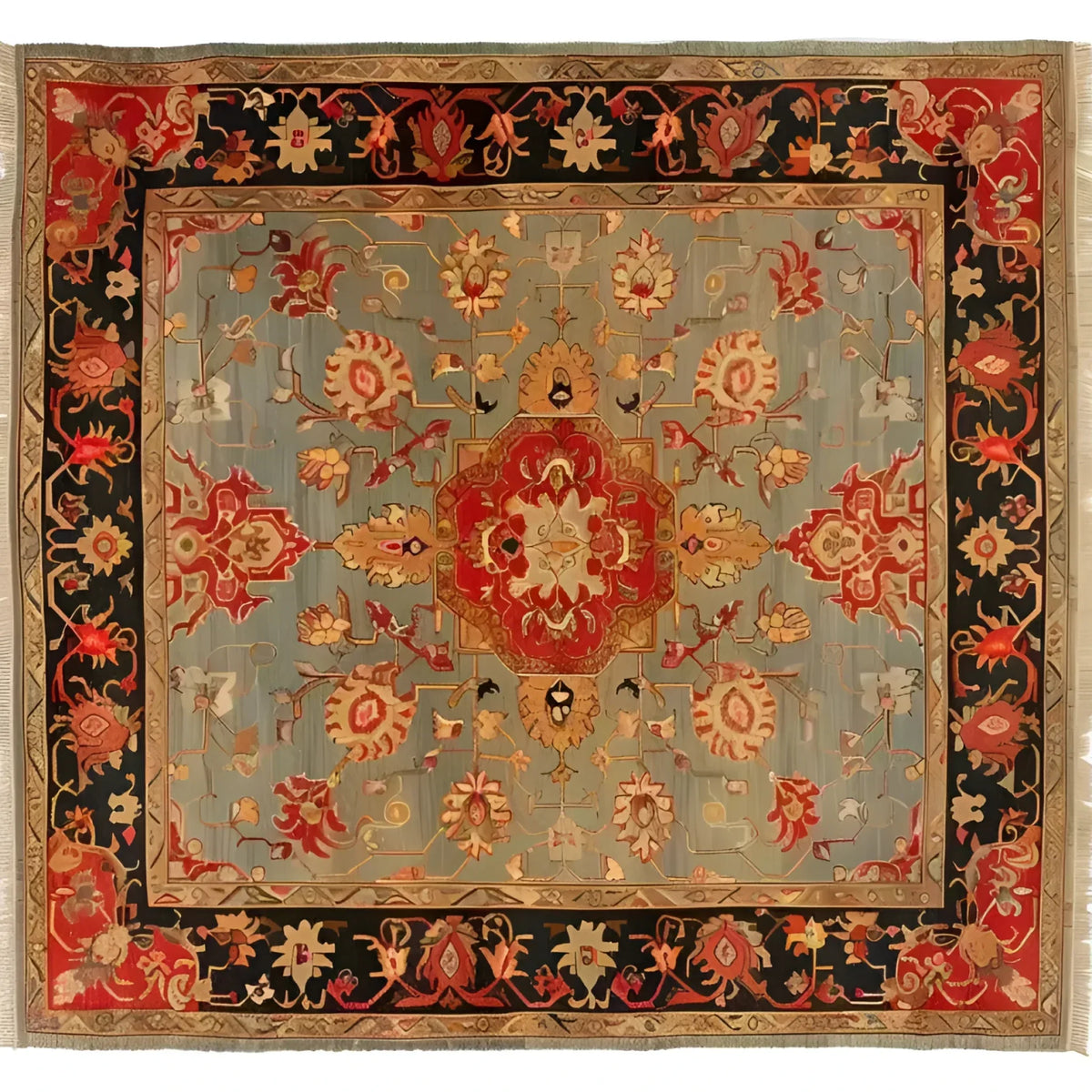 Artisan Floral Masterpiece rug front view; grey-blue field, red medallion with cream rosette, orange-red floral vine, thick black border, fringe edges