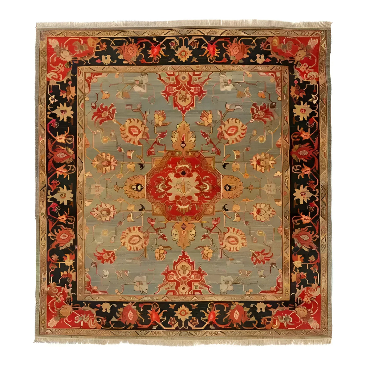 Artisan Floral Masterpiece hand knotted rug flat lay; grey-blue field, red octagonal medallion, allover red and gold floral vines, black border with fringe