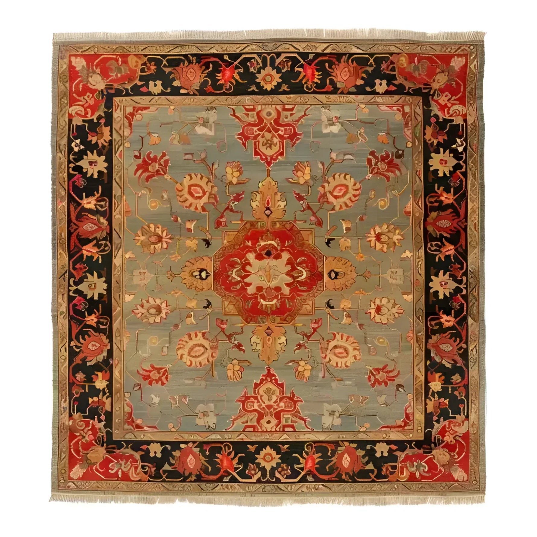 Artisan Floral Masterpiece hand knotted rug flat lay; grey-blue field, red octagonal medallion, allover red and gold floral vines, black border with fringe