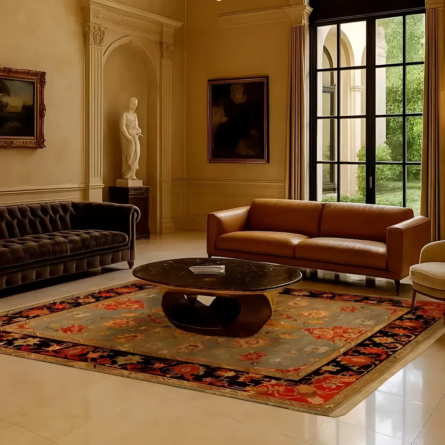 Artisan Floral Masterpiece rug in a grand classical salon under dark leather sofas; grey-blue field with red floral border and black edging