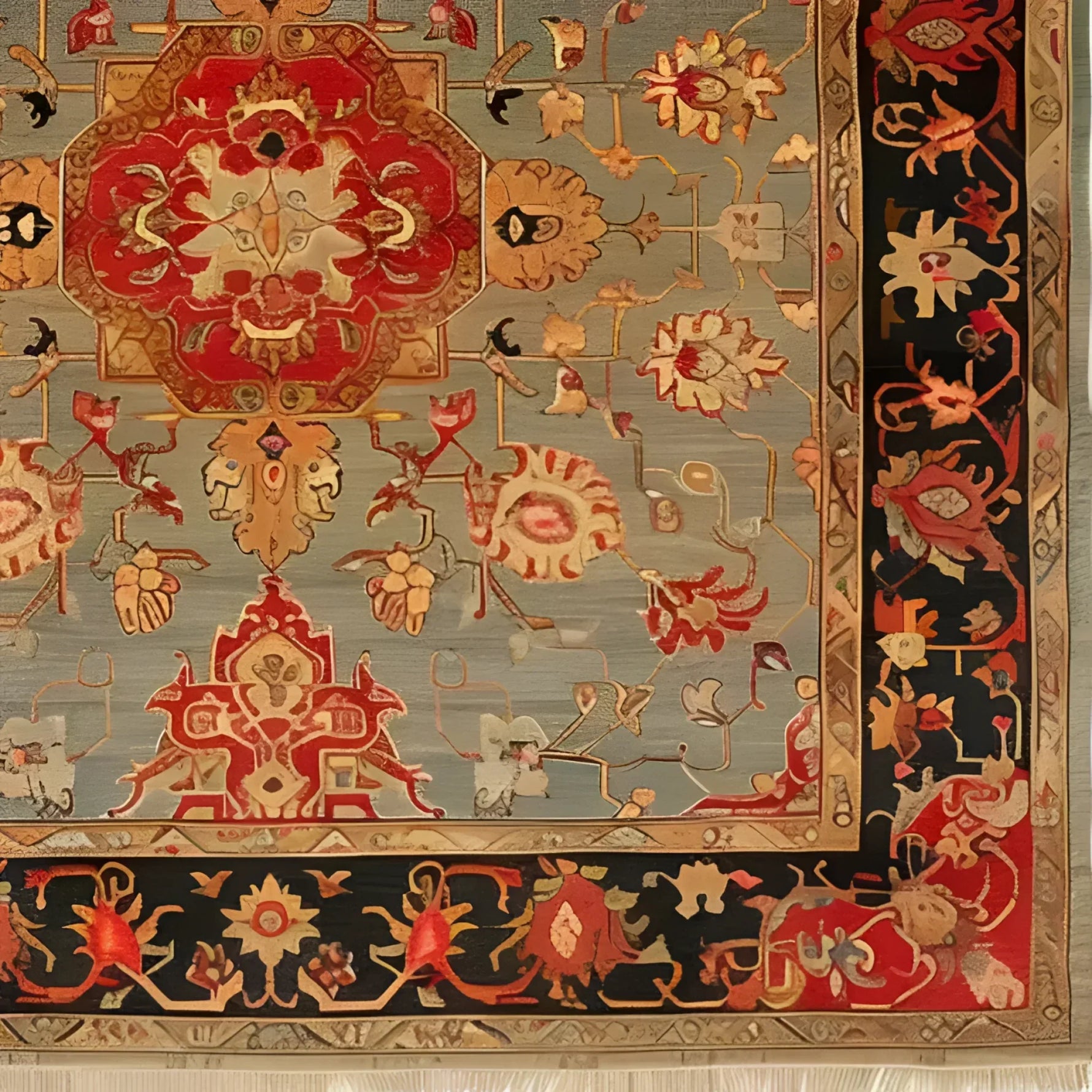 Artisan Floral Masterpiece rug upper corner close-up; red octagonal medallion on grey-blue field, bold red and gold floral vines, dark navy border with fringe