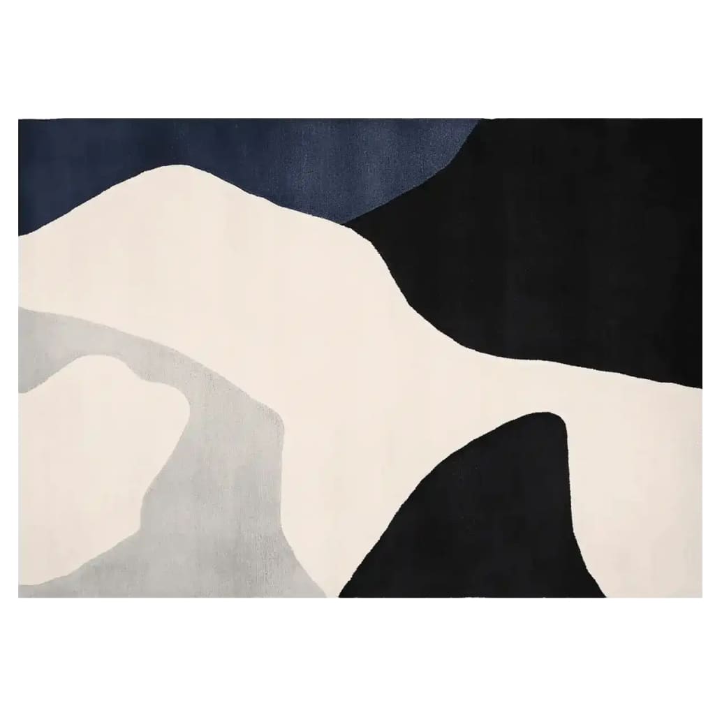 Contemporary Ash Current Flow Hand Tufted Area Rug featuring an abstract design in black, white, and shades of grey, perfect for adding a modern touch to living rooms. This wool rug, measuring 8x10, complements various decor styles.