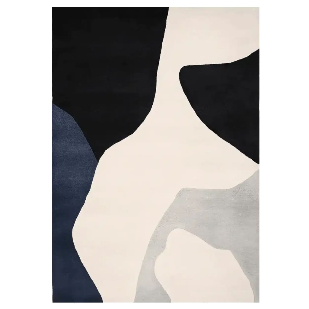 This Ash Current Flow Hand Tufted Rug is a stunning contemporary area rug featuring an abstract design with bold black, white, and blue hues. Perfect for adding a modern touch to your living room, this 8x10 wool rug offers both style and comfort.