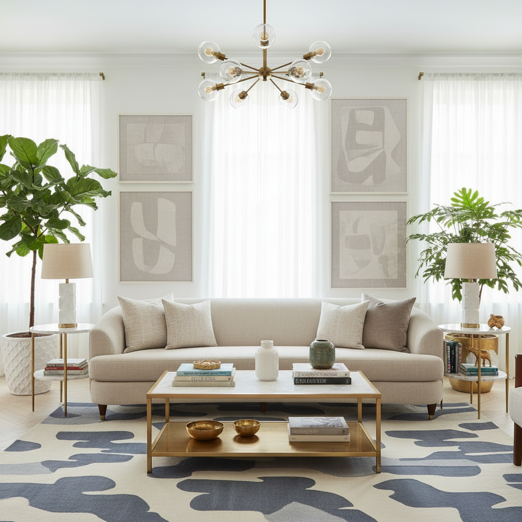 Modern living room with a beige sofa, coffee table, a contemporary wool rug, and decorative elements.