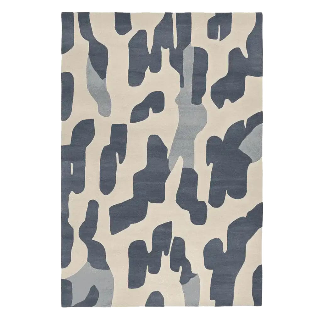 Top view of the Ash Flow Rhythm Hand Tufted Area Rug, featuring an abstract gray and white pattern. This contemporary rug, made of wool, is perfect for adding a modern touch to living rooms. Ideal size for living room rugs 8x10.