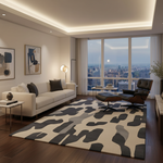 Modern living roomwith a cityscape view, camouflage rug, and stylish furniture.