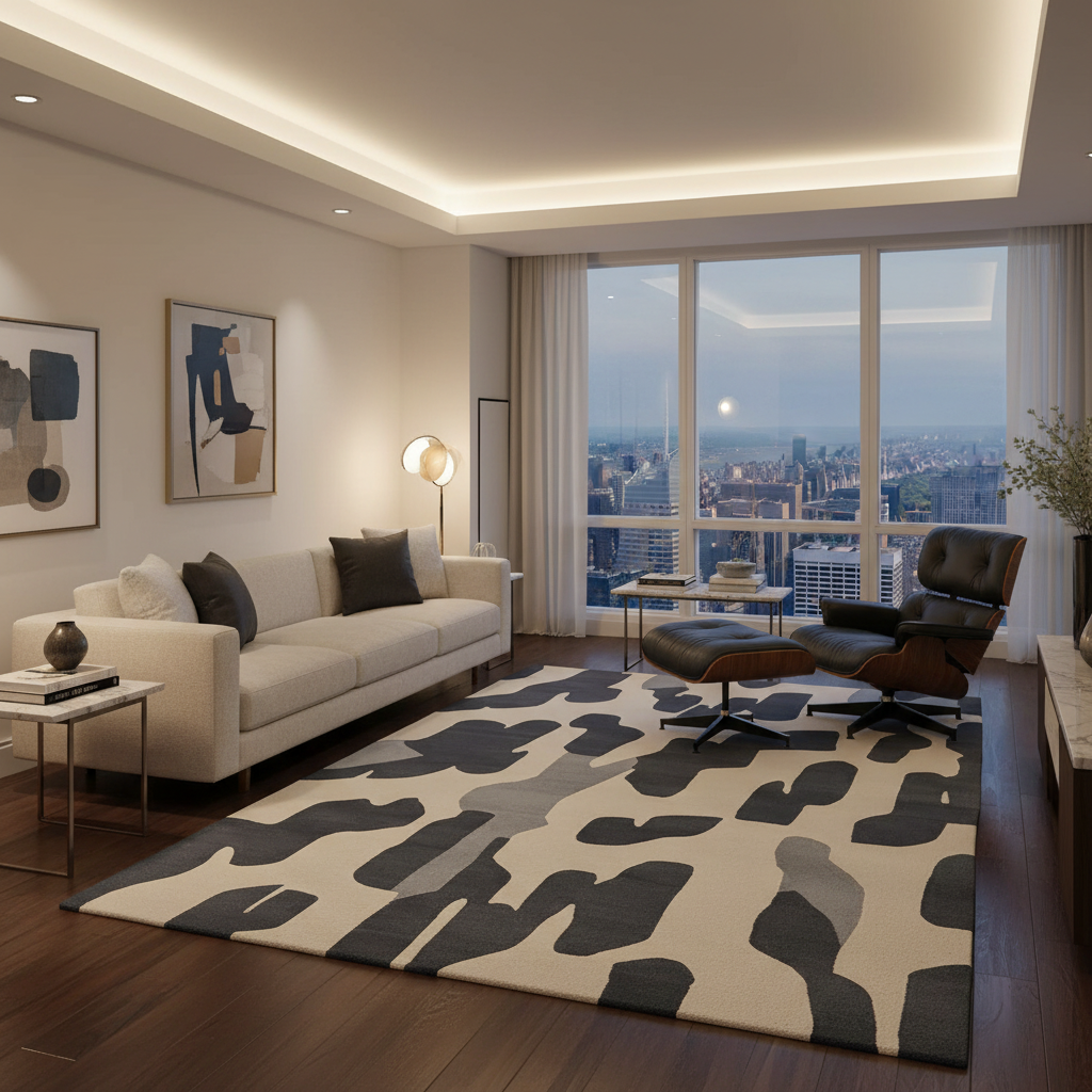 Modern living roomwith a cityscape view, camouflage rug, and stylish furniture.