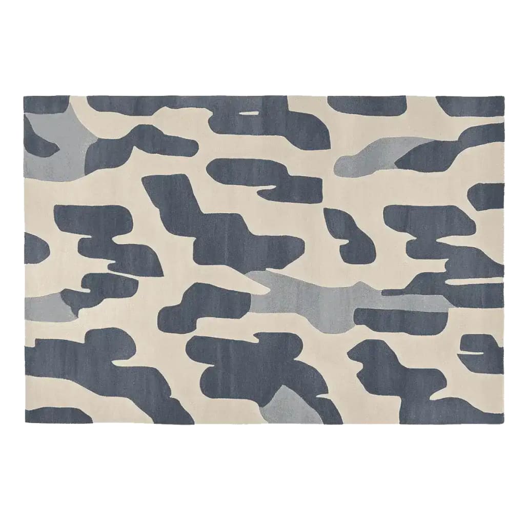 A stylish Area Rug featuring a contemporary abstract pattern in shades of grey and beige, perfect for modern living room settings. This 8x10 wool rug adds a touch of elegance and comfort to any space.