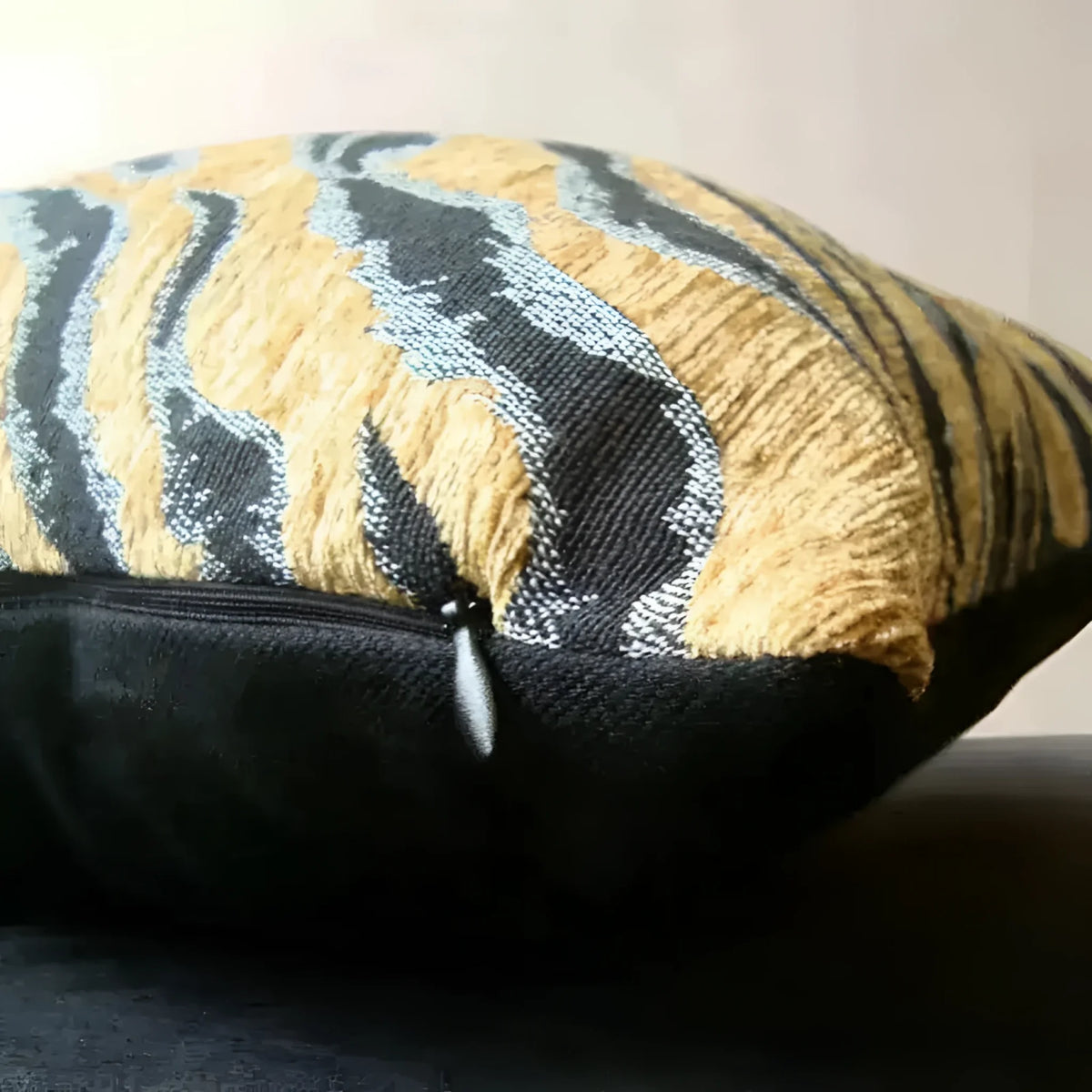 Asian tiger stripe jacquard throw pillow cover featuring a vibrant design with shades of gold and black, ideal for adding a stylish touch to any home decor.