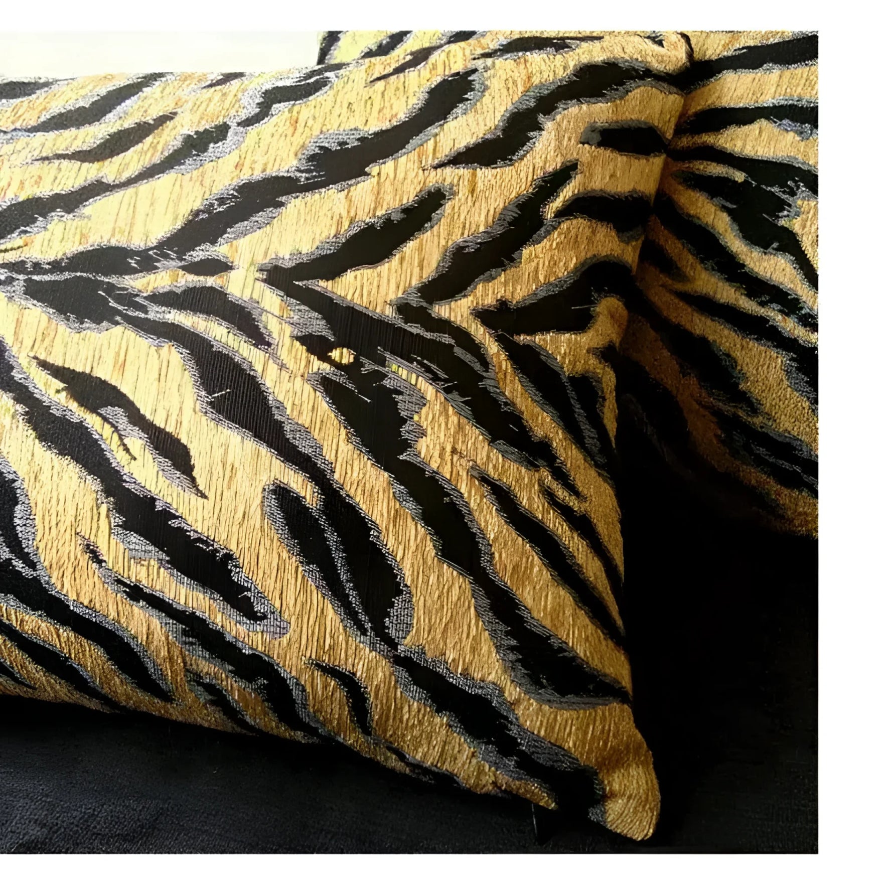 Asian tiger stripe jacquard throw pillow cover featuring bold black and gold patterns, ideal for adding a touch of elegance and style to any living space.