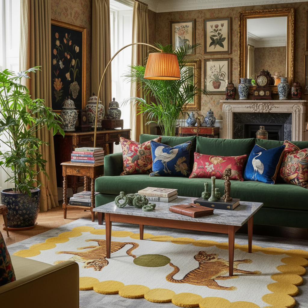 This vibrant area rug features an eye-catching design of two tigers and a sun, hand-tufted from high-quality wool. Perfect for adding a touch of elegance to your office or living room, this wool rug combines artistic flair with comfort, making it an ideal choice for those seeking unique office rugs or rugs for living room spaces.