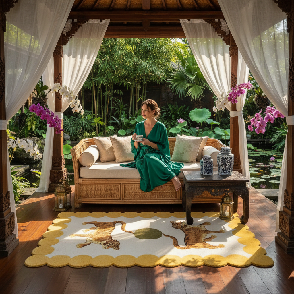 Woman in a green dress sitting on a wooden sofa with a scallop tiger wool rug in a tropical garden setting.