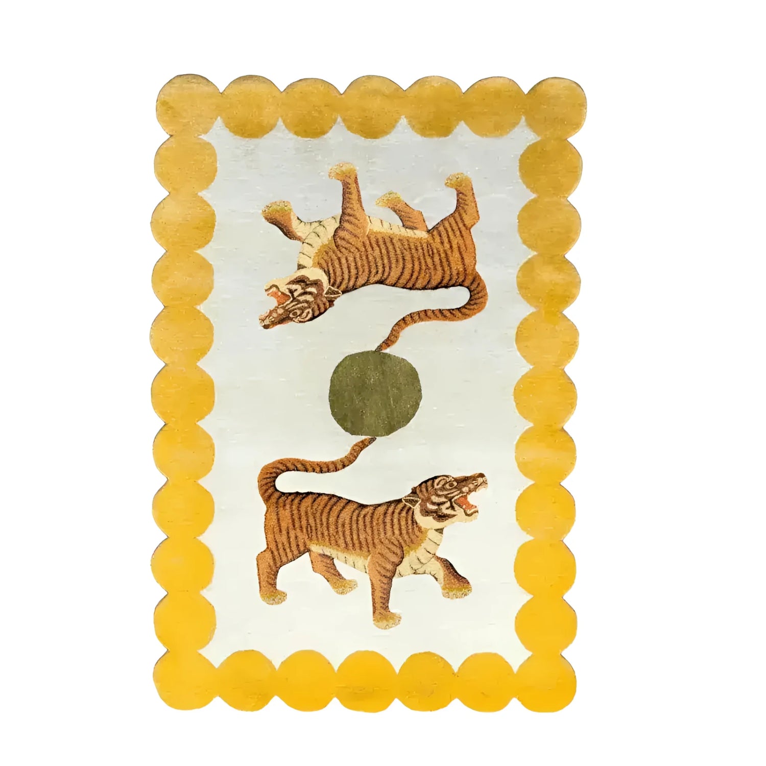 This vibrant area rug features an eye-catching design of two tigers and a sun, hand-tufted from high-quality wool. Perfect for adding a touch of elegance to your office or living room, this wool rug combines artistic flair with comfort, making it an ideal choice for those seeking unique office rugs or rugs for living room spaces.