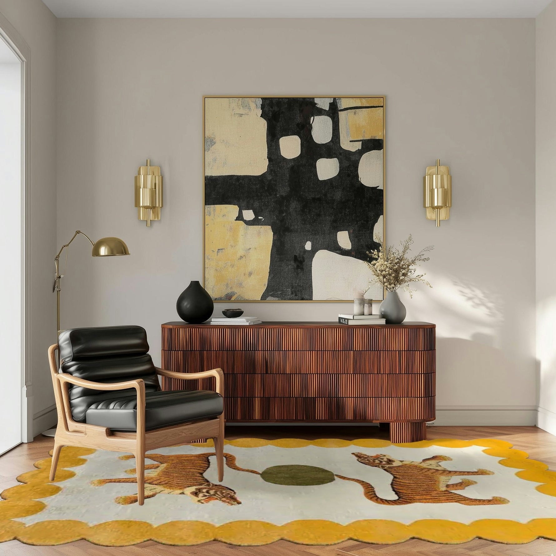 Asian Tigers and the Sun Hand Tufted Wool Rug