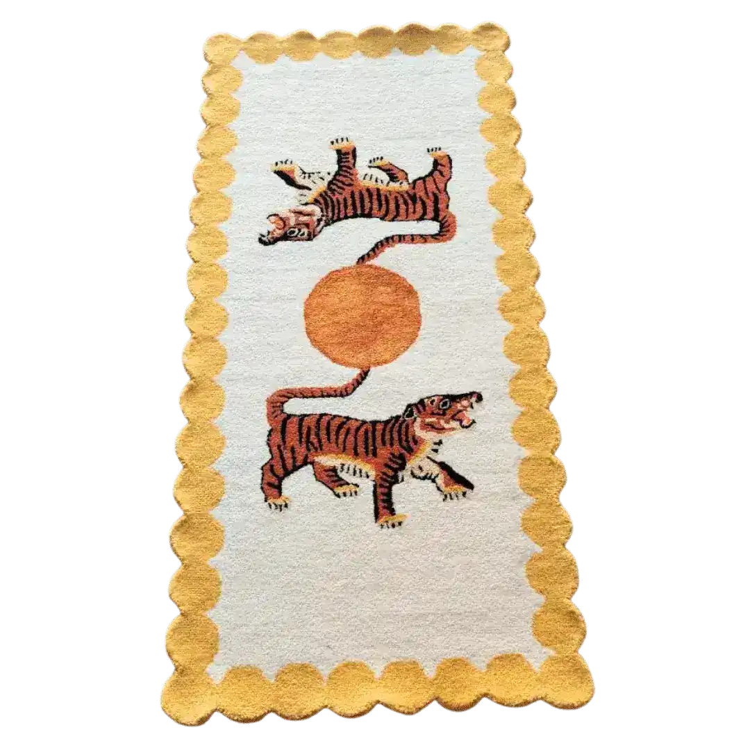 Elegant hand tufted wool rug featuring an artistic design of two Asian tigers and a sun, ideal for enhancing your office or living room decor. This area rug adds a unique touch to any space, making it a perfect choice for stylish office rugs or vibrant rugs for the living room.