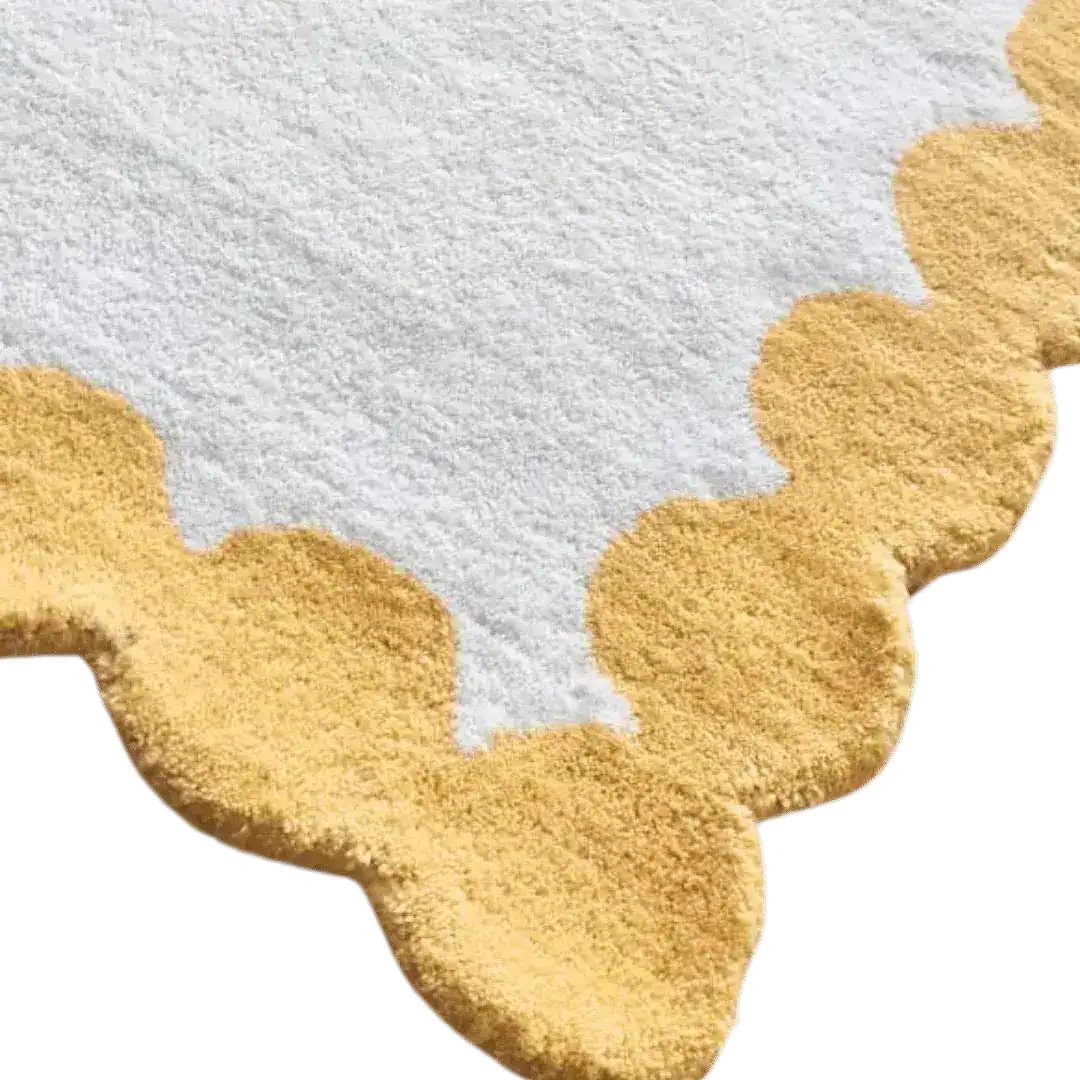 Close-up of an Asian Tigers and the Sun hand tufted area rug, showcasing its intricate wool design with warm gold and white tones. Perfect for adding a touch of elegance to your office or living room, this wool rug combines durability with style.