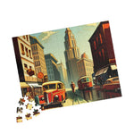 Assembled Historical City puzzle of a vintage street, orange bus and tower, loose pieces at left