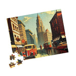 Assembled Historical City puzzle of a vintage street with retro buses, clock tower and loose pieces