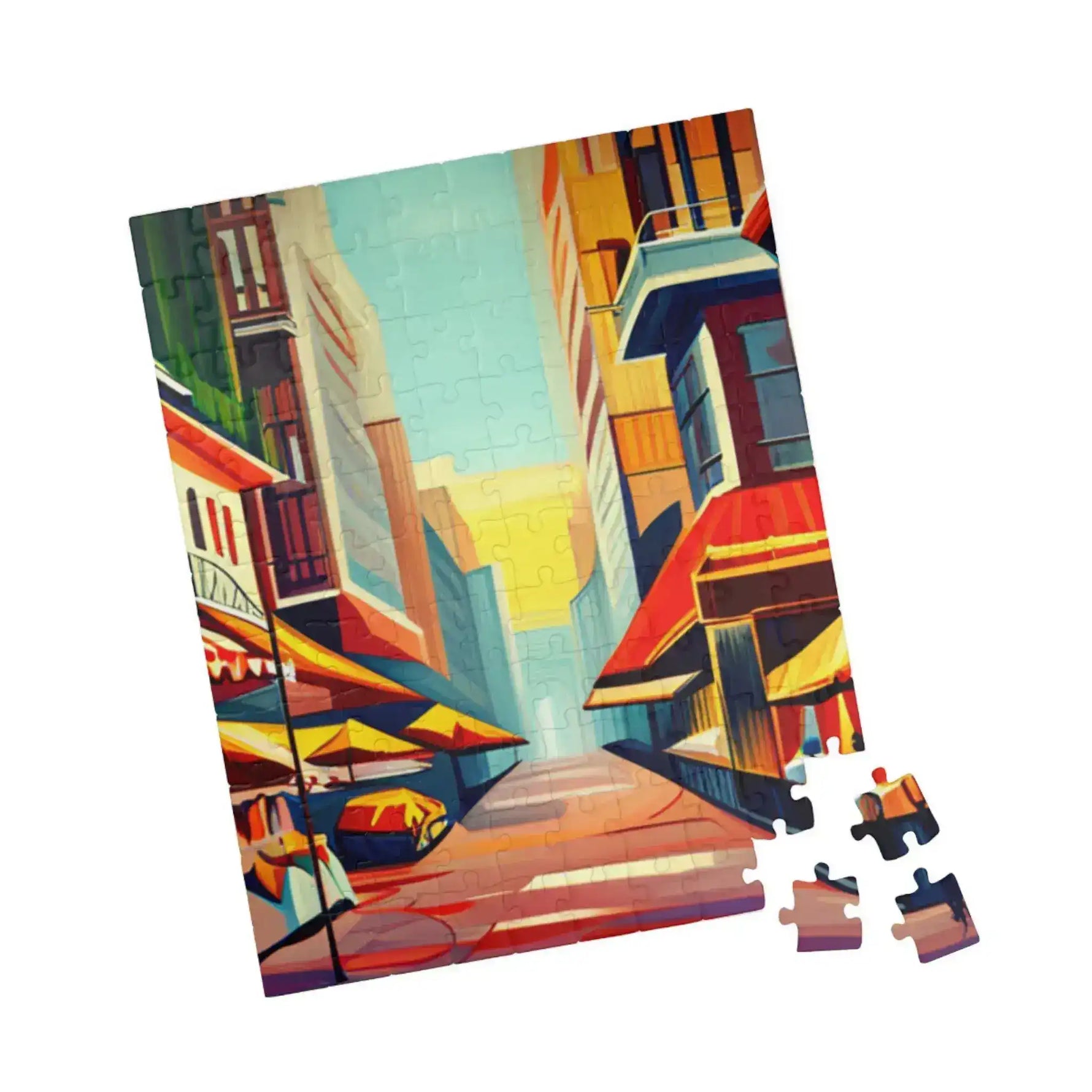 Assembled portrait Urban Vibes puzzle of a colorful downtown street, three pieces set aside