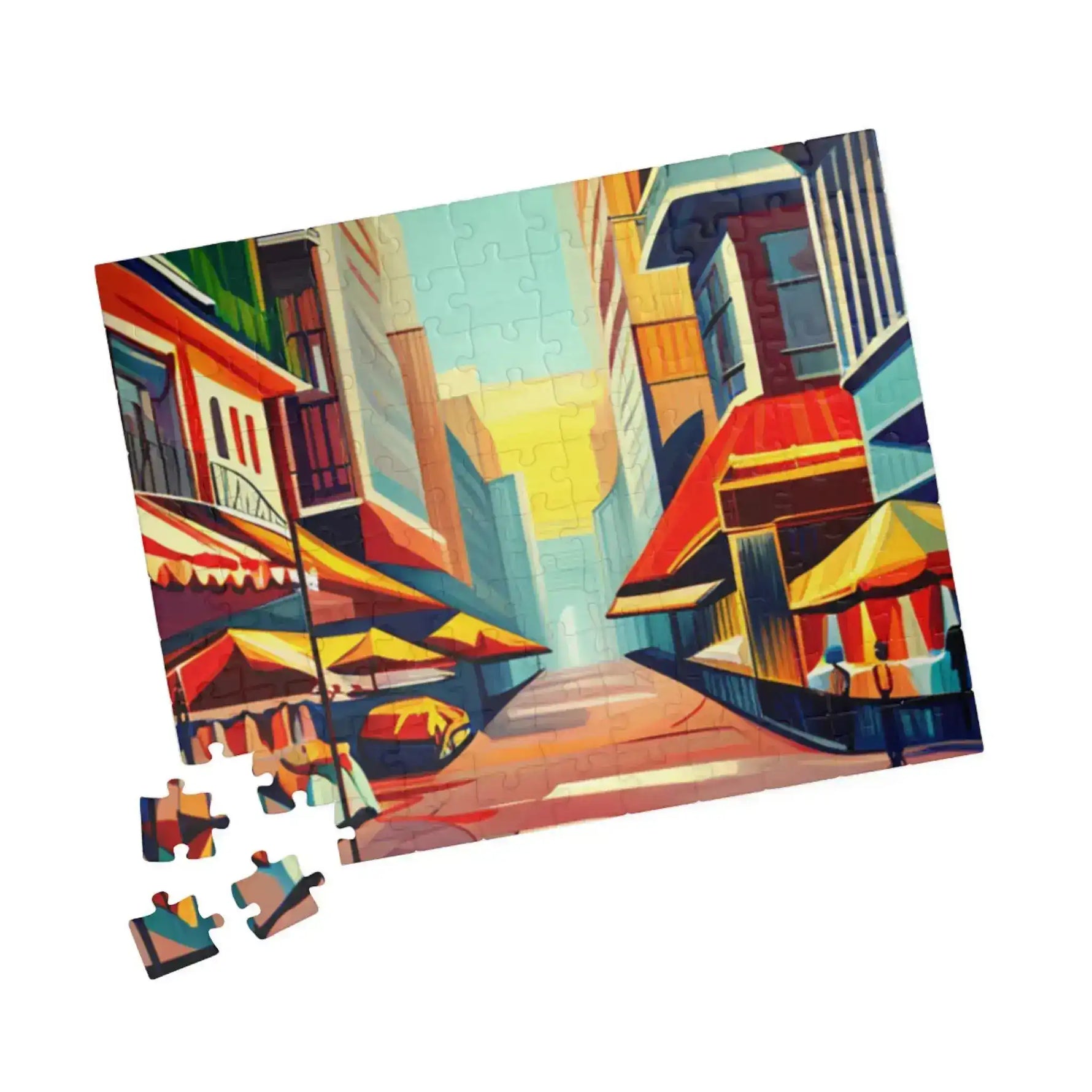 Assembled Urban Vibes puzzle showing bold cubist cityscape with red awnings and yellow umbrellas, loose pieces nearby
