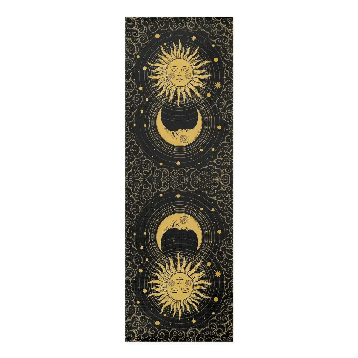 Astral Balance yoga mat, black ground with gold celestial suns, crescent moons, stars and clouds