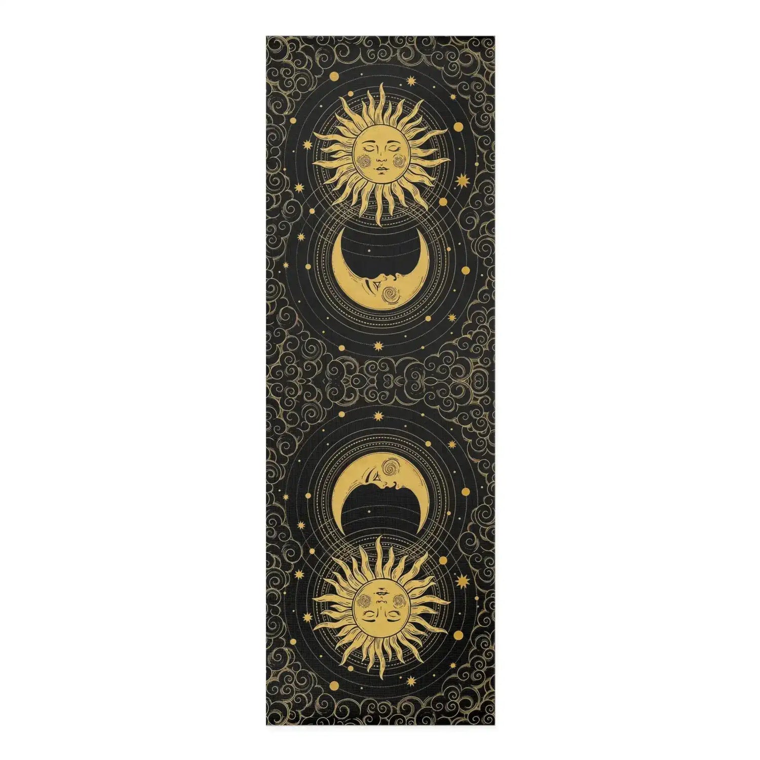 Astral Balance yoga mat, black ground with gold celestial suns, crescent moons, stars and clouds