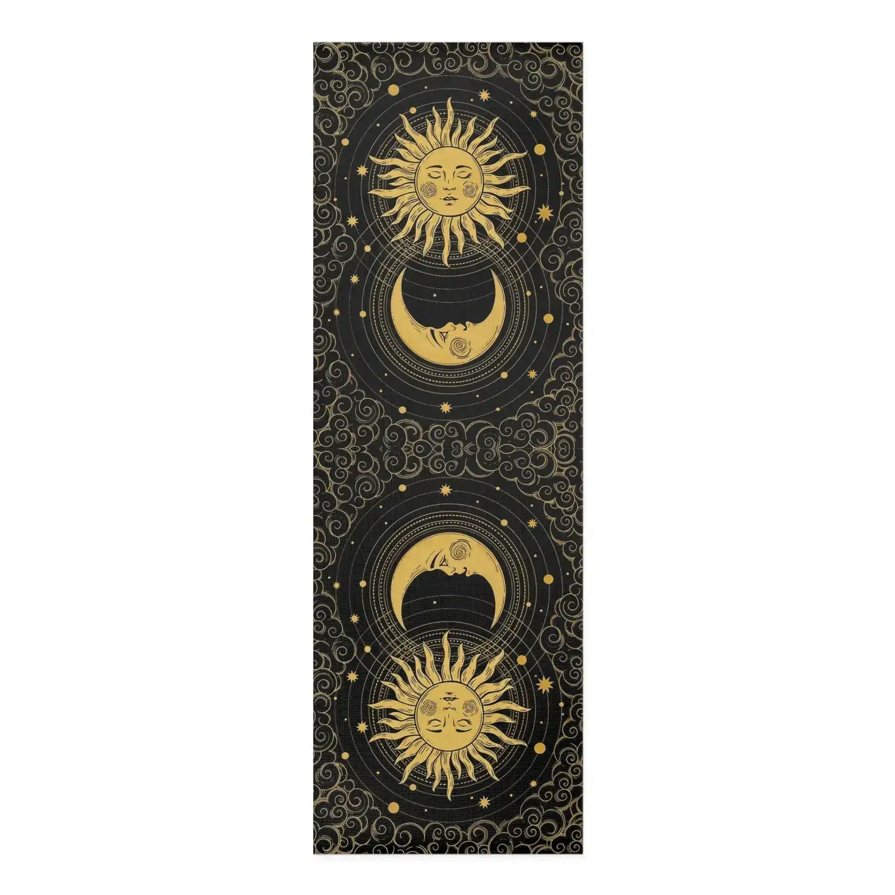 Astral Balance yoga mat, black ground with gold celestial suns, crescent moons, stars and clouds
