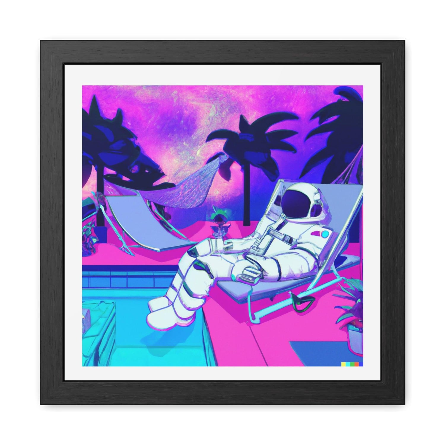 Astronaut Lounging by Pool Framed Poster Wall Art 16″ x 16″ (Square) Semi Glossy