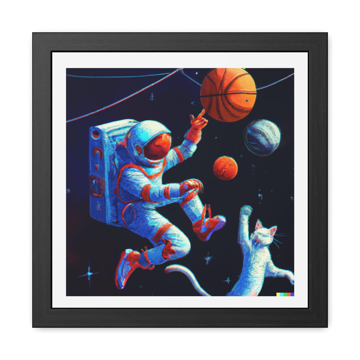 Astronaut Playing Basketball in Space Framed Poster Wall Art 16″ x 16″ (Square) Semi Glossy