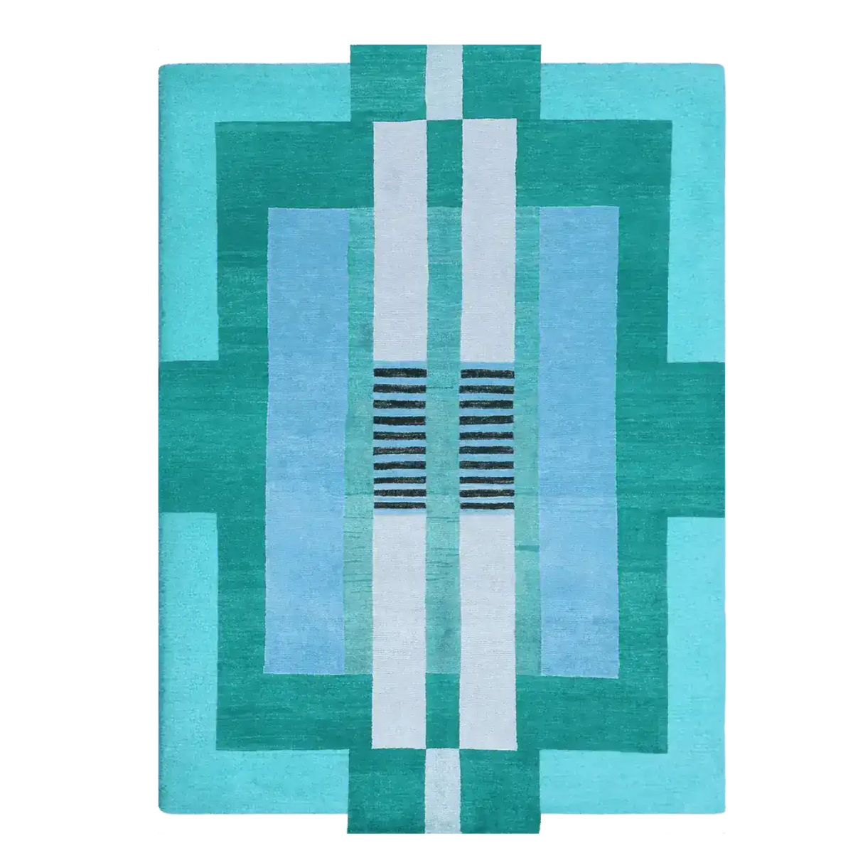 Top view of the Aztec Blue Hand Tufted Wool Rug showcasing its vibrant geometric pattern. This area rug features a blend of teal and blue shades, ideal for adding a touch of elegance to any dining room or bedroom. Perfect for those seeking stylish wool rugs and versatile dining room carpets.