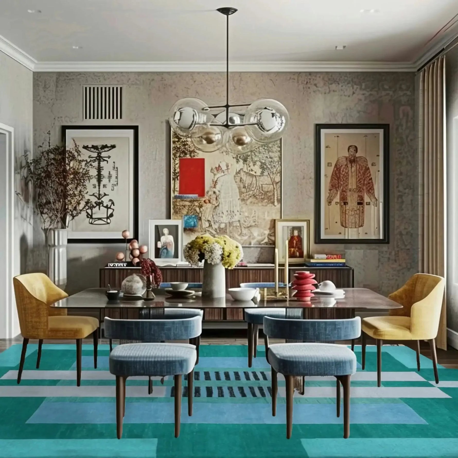 A stylish dining room featuring an Aztec Blue Hand Tufted Wool Rug. The area rug, with its vibrant blue hue and modern geometric patterns, adds a touch of elegance to the space. Perfect for dining room carpets, this wool rug complements the contemporary decor, featuring a sleek dining table and colorful chairs.