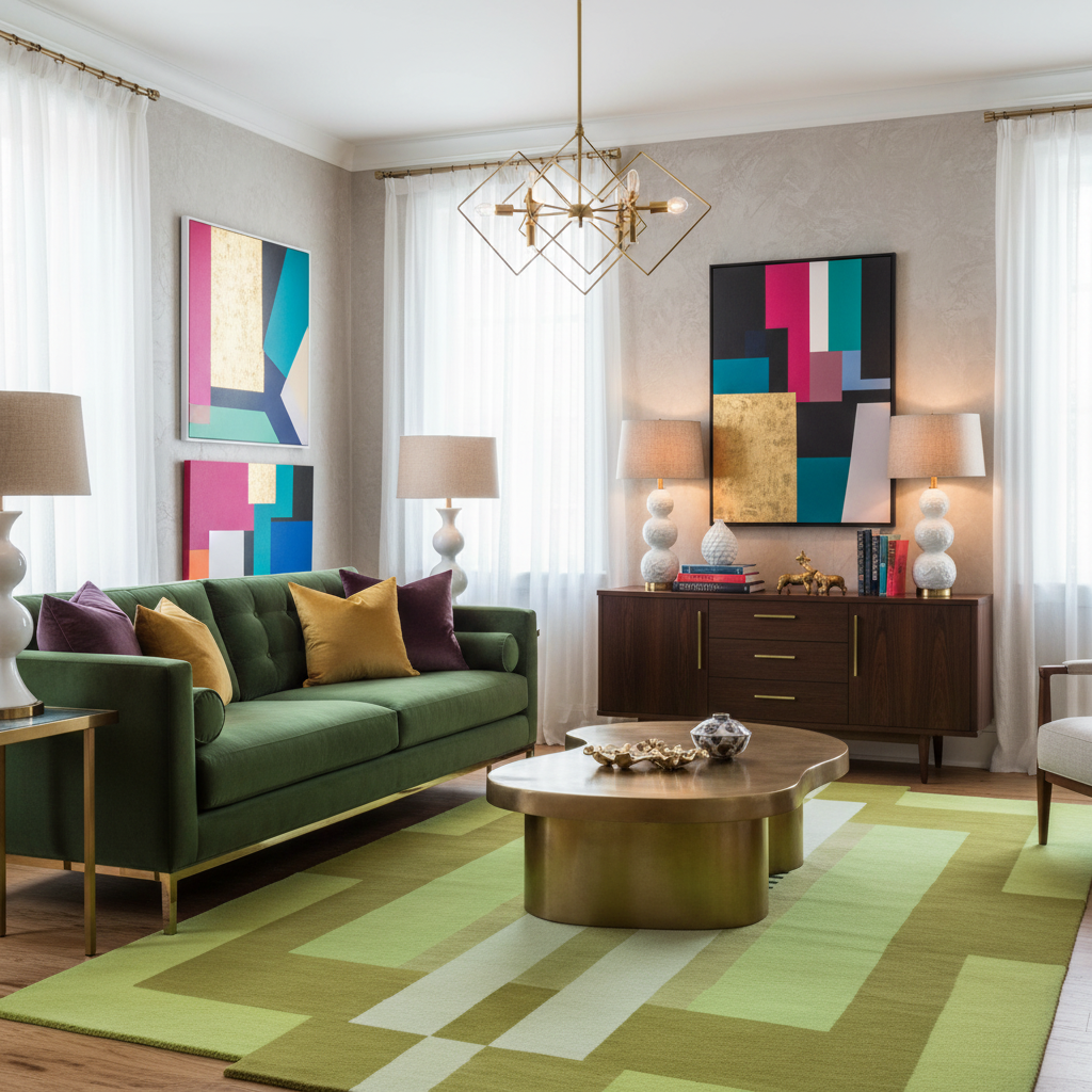 Modern living room with green sofa, colorful abstract art, and patterned rug.
