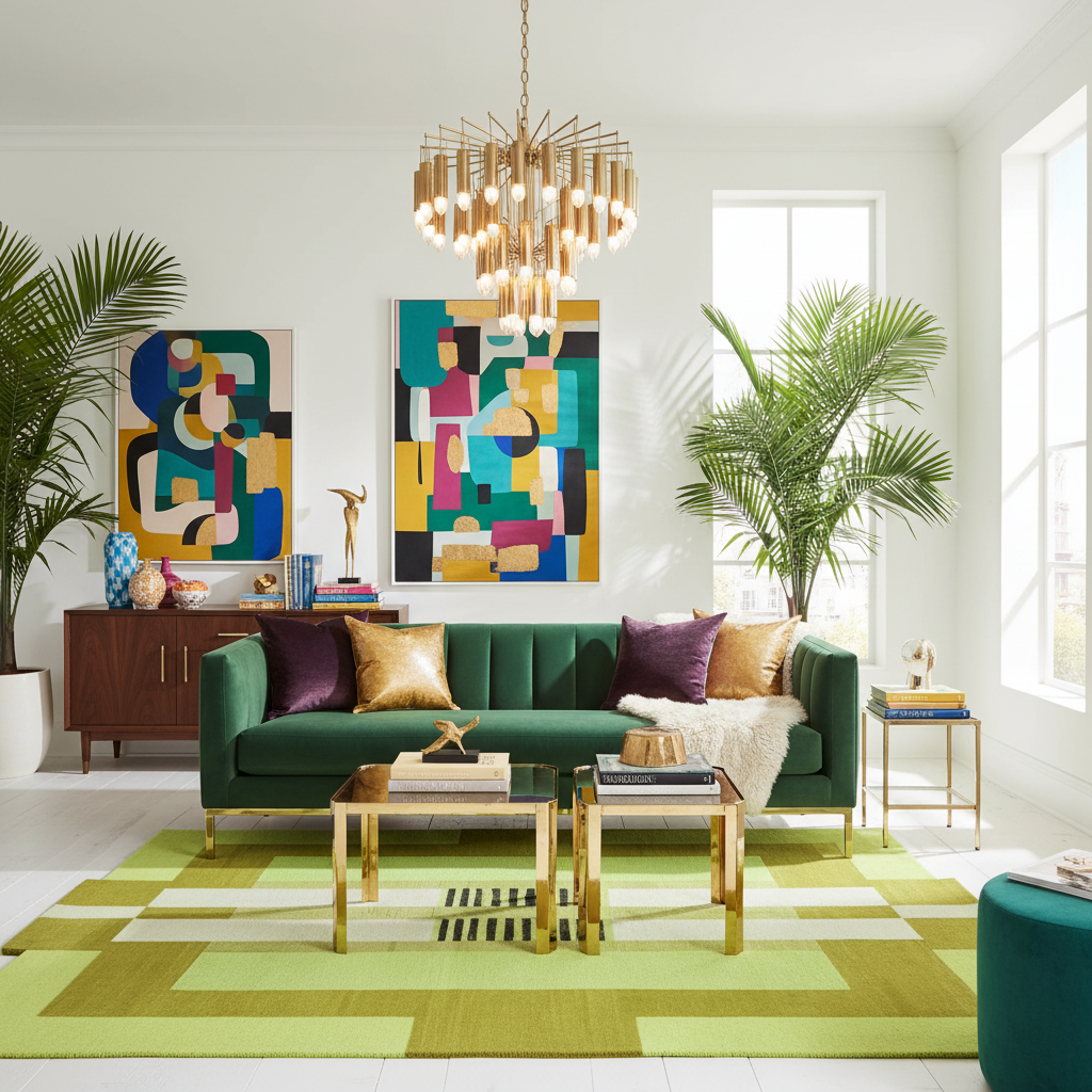 Modern living room with a green sofa, colorful abstract art, and geometric rug.