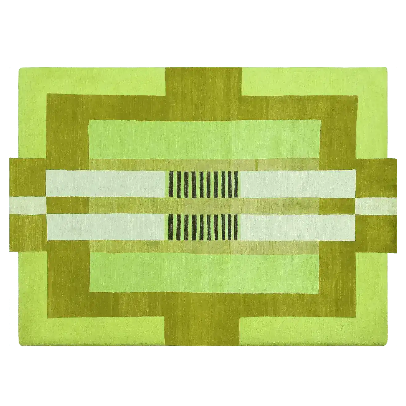Top view of a vibrant Aztec Green hand-tufted wool area rug, showcasing an abstract geometric design. This large area rug is ideal for office settings, adding a touch of elegance and style to office spaces.
