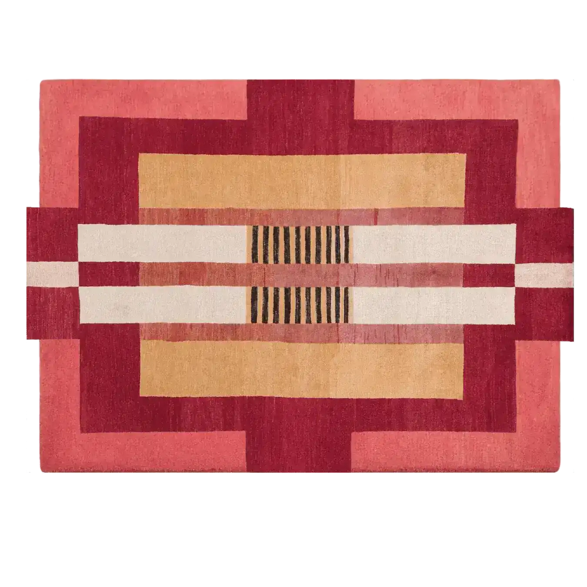 The Aztec Red Hand Tufted Wool Rug features a striking geometric design with bold red, pink, and beige tones, perfect for adding a contemporary touch to any bedroom or living room. This large area rug, crafted from quality wool, is ideal for those seeking modern bedroom area rugs or stylish large living room rugs.
