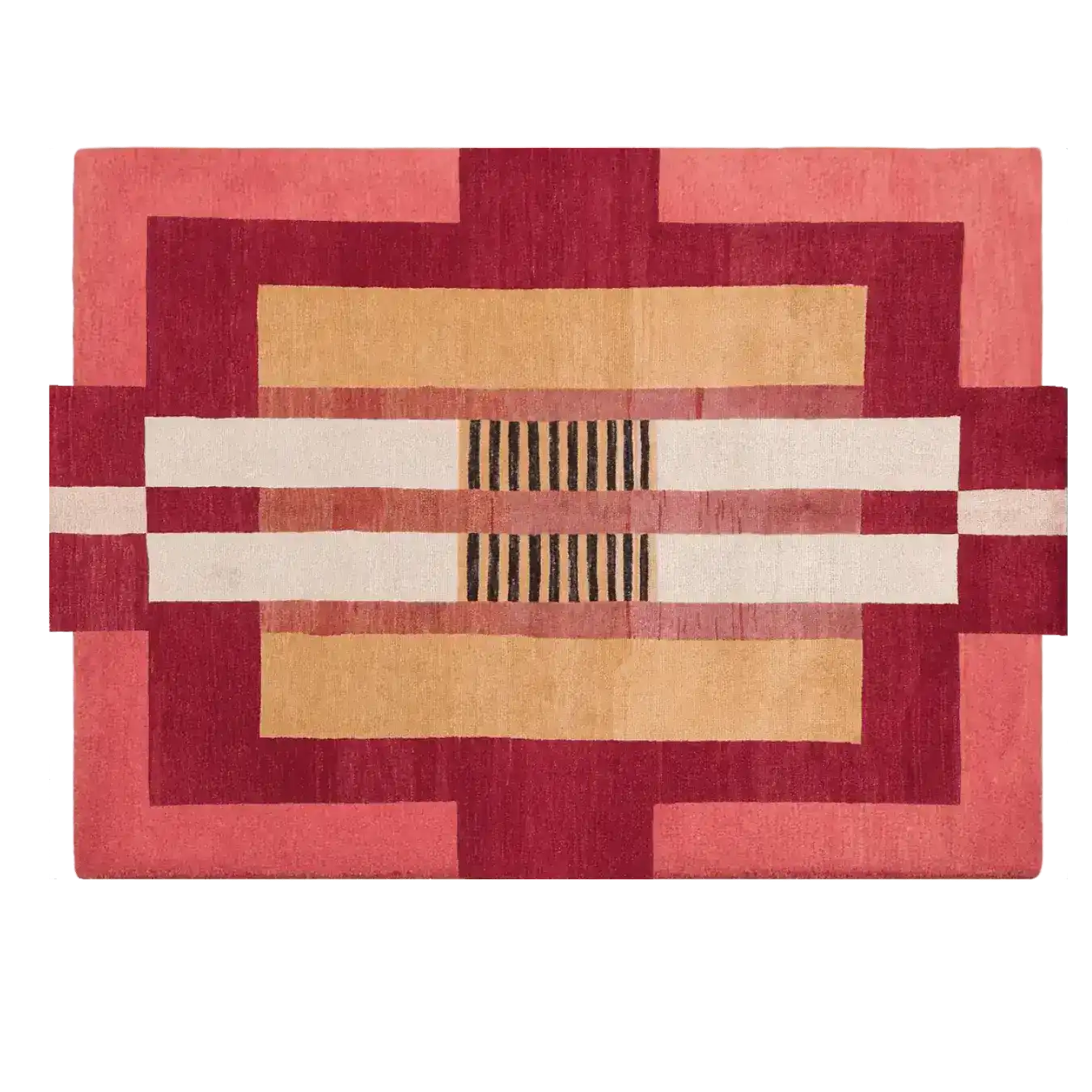 The Aztec Red Hand Tufted Wool Rug features a striking geometric design with bold red, pink, and beige tones, perfect for adding a contemporary touch to any bedroom or living room. This large area rug, crafted from quality wool, is ideal for those seeking modern bedroom area rugs or stylish large living room rugs.