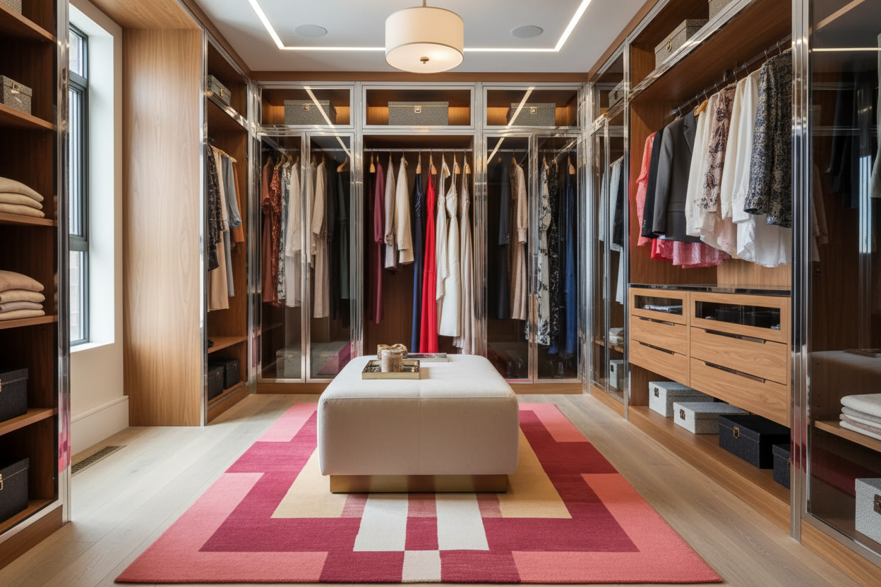 Modern walk-in closet with wooden shelves, mirrors, and a colorful rug.