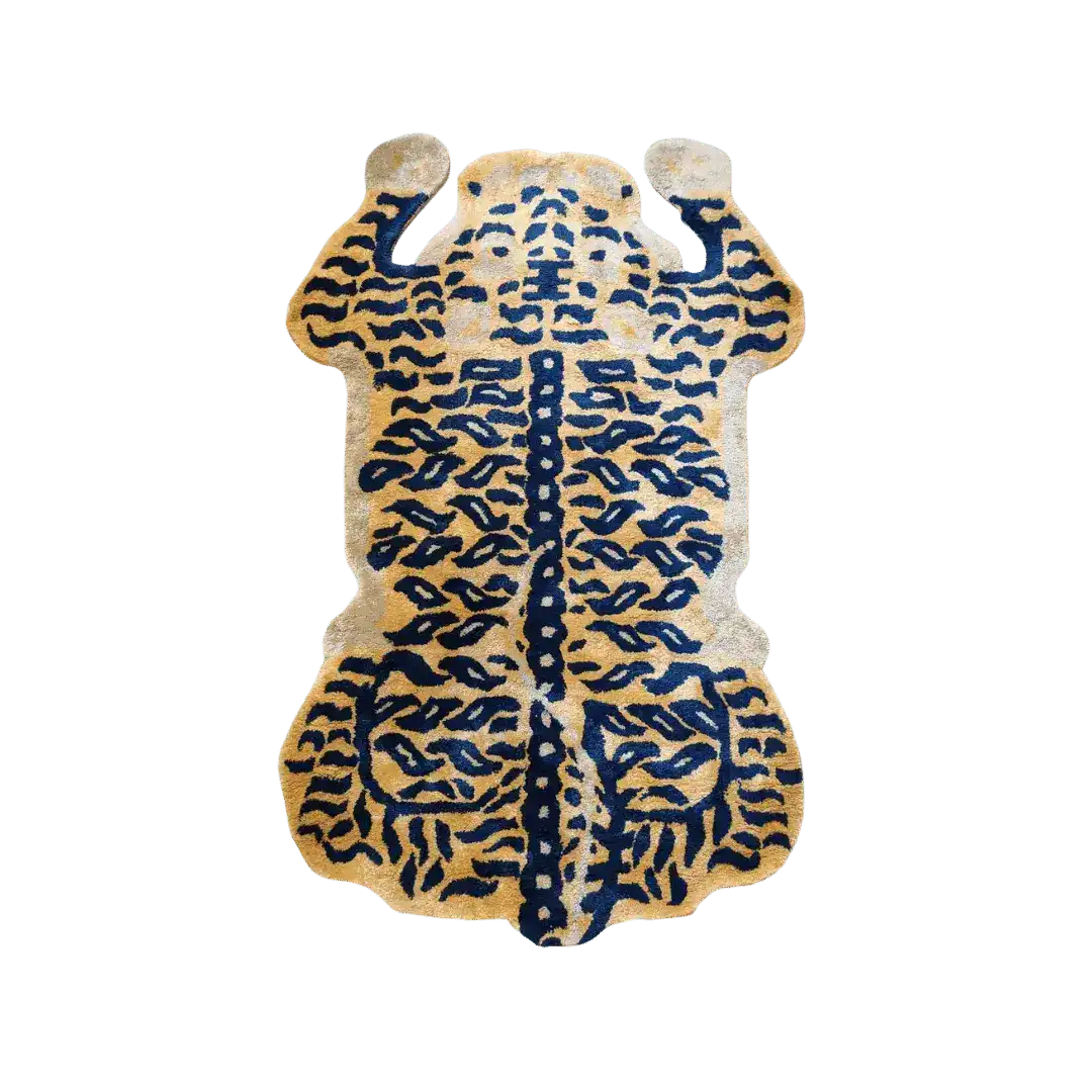 Top view of an Authentic Tibetan Tiger Hand Tufted Wool Rug, showcasing a vibrant tiger design perfect for enhancing the decor of living rooms or offices. This area rug offers a unique and artistic touch, ideal for those seeking distinctive wool rugs for their space.