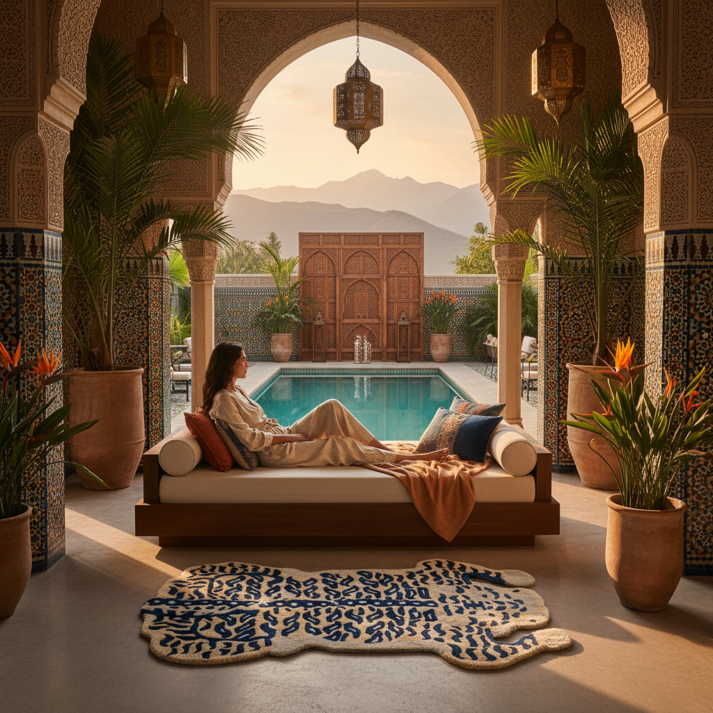 Woman relaxing on a daybed by a pool with a tiger rug in a resort with a scenic view of mountains.