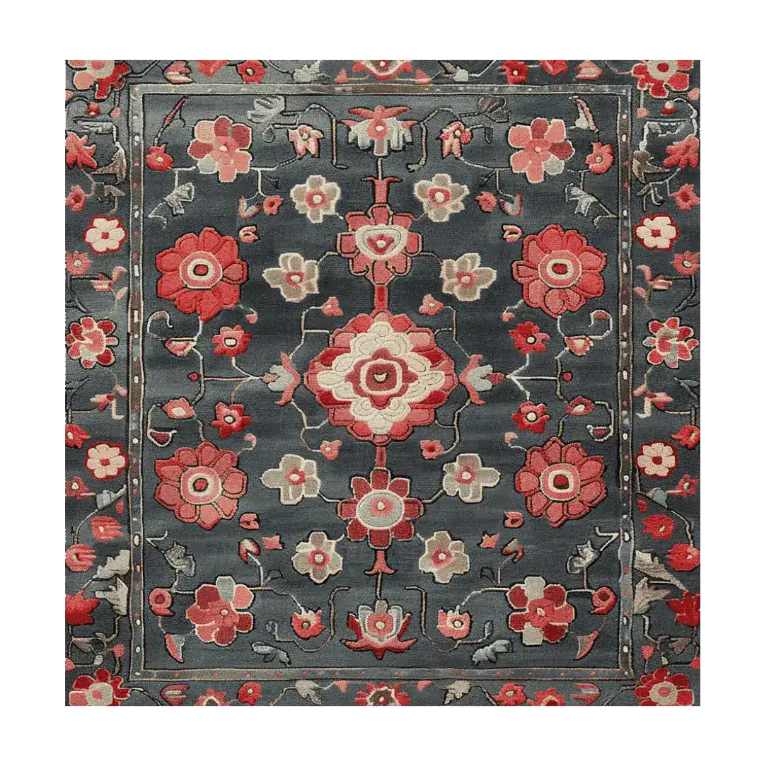 The Autumn Bloom Hand Tufted Rug features a stunning floral design in rich red and soft beige tones on a dark background. This elegant wool area rug is perfect for adding warmth and style to your living room. Ideal for those looking for square area rugs or wool rugs, it brings a cozy yet sophisticated touch to any living space.