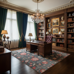 Luxurious office with wooden desk, bookshelves, a traditional hand-tufted wool rug, and decorative elements.