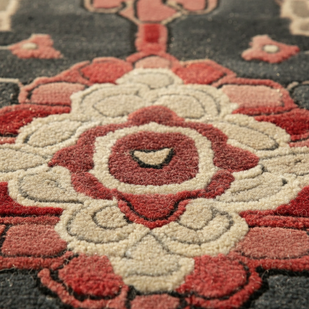 Close-up of a floral patterned rug with red and gray colors.