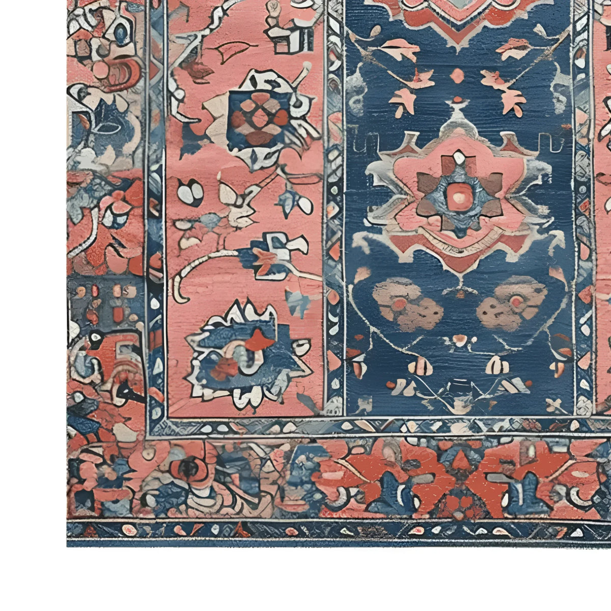 Close-up view of the Autumnal Elegance Hand Knotted Rug, a stunning area rug showcasing rich, intricate designs with a blend of deep blue and warm terracotta tones. Perfect for adding a touch of vintage charm to your living room, this Persian-inspired rug offers timeless elegance.