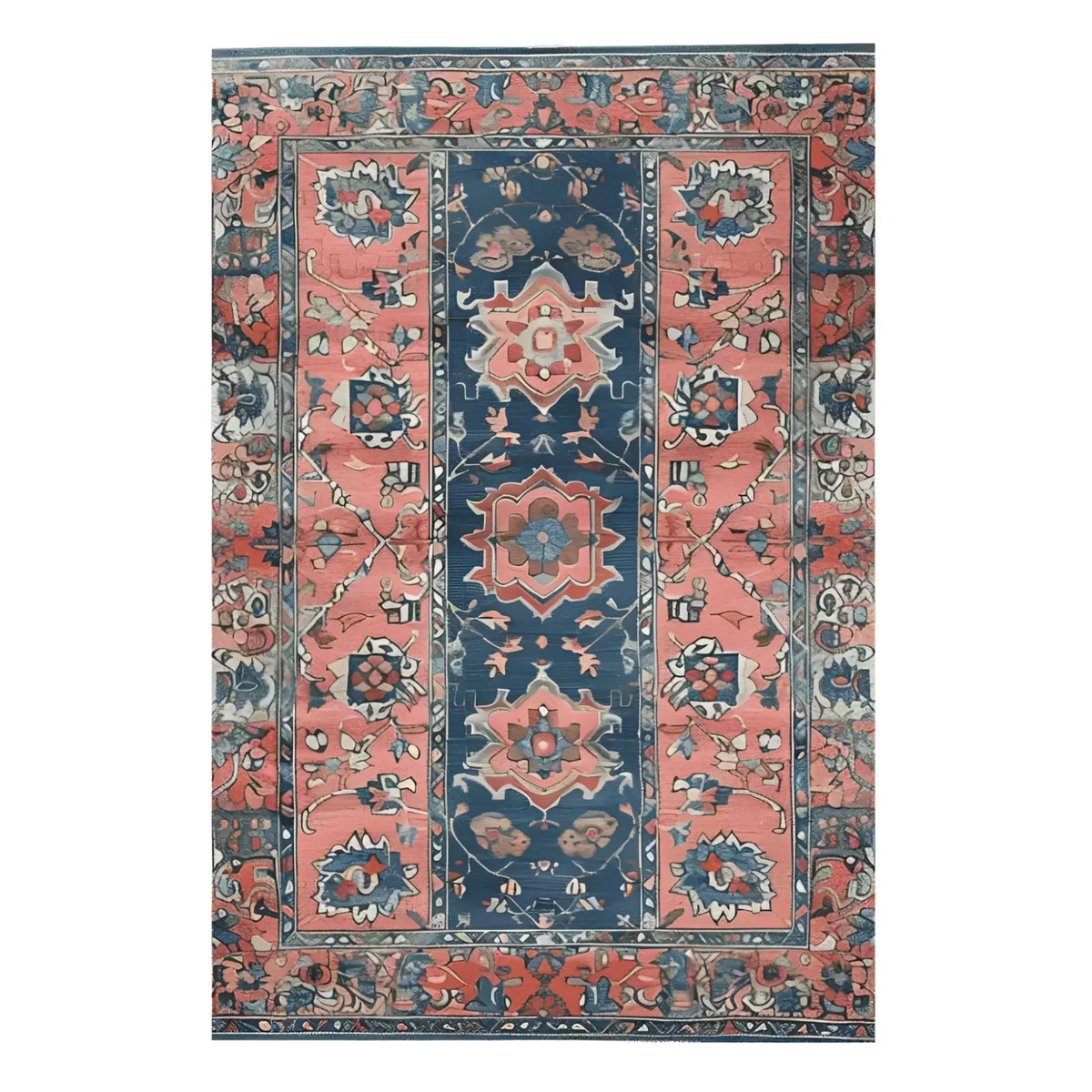 Beautiful hand-knotted area rug showcasing an intricate Persian design with rich autumnal colors. Perfect as an area rug for living room spaces, this vintage rug features a stunning blend of navy blue and warm coral tones, highlighting a traditional floral motif.