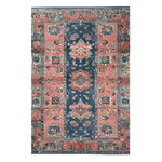 Beautiful hand-knotted area rug showcasing an intricate Persian design with rich autumnal colors. Perfect as an area rug for living room spaces, this vintage rug features a stunning blend of navy blue and warm coral tones, highlighting a traditional floral motif.