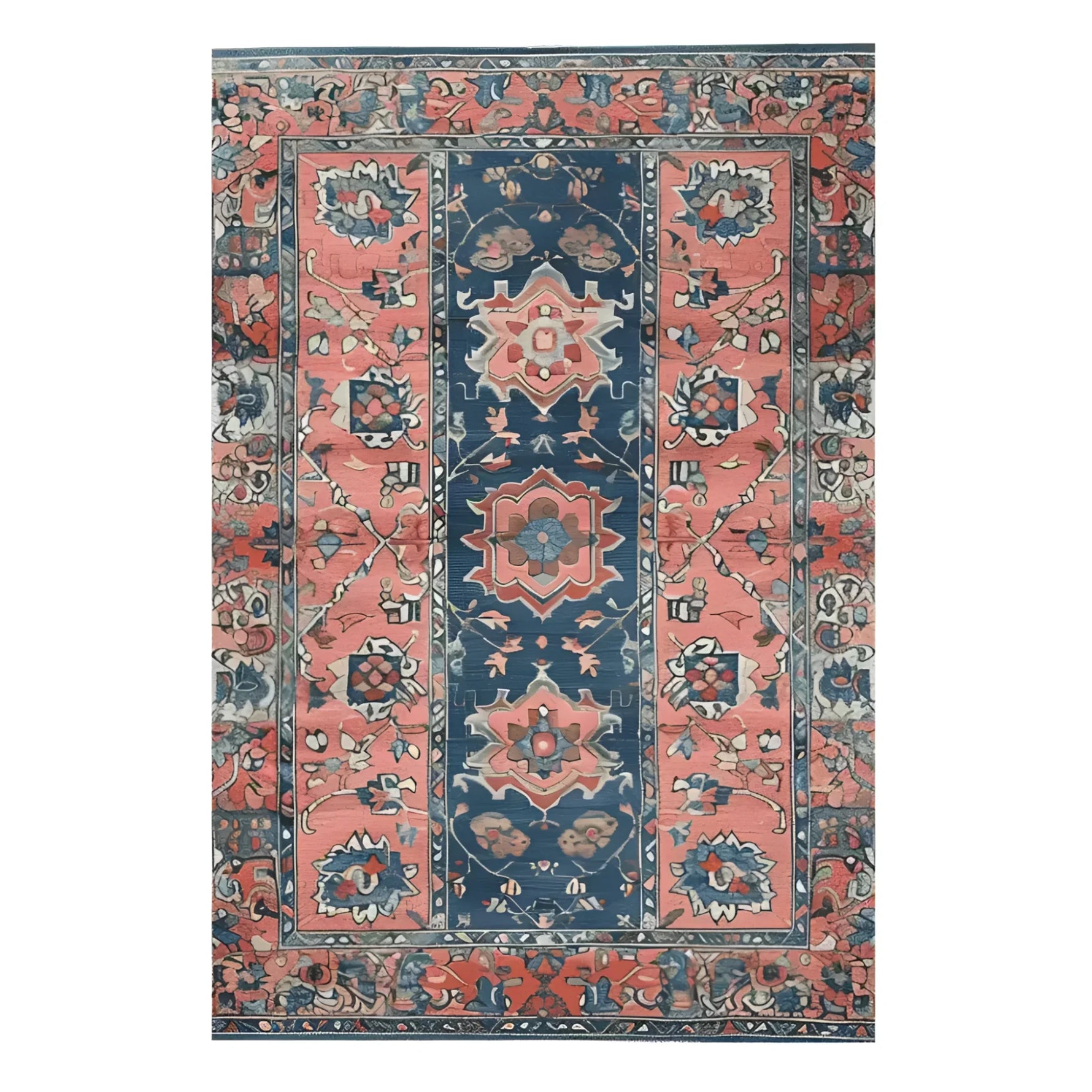 Beautiful hand-knotted area rug showcasing an intricate Persian design with rich autumnal colors. Perfect as an area rug for living room spaces, this vintage rug features a stunning blend of navy blue and warm coral tones, highlighting a traditional floral motif.