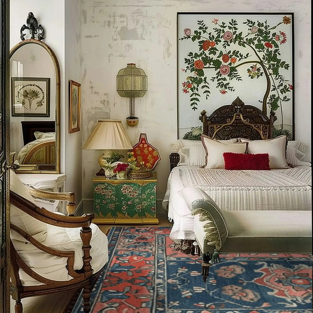 A beautifully styled bedroom features an Autumnal Elegance Hand Knotted Area Rug. This vintage-inspired Persian rug, perfect for area rugs in living rooms, showcases intricate patterns with rich autumnal hues, adding a touch of elegance to the space.