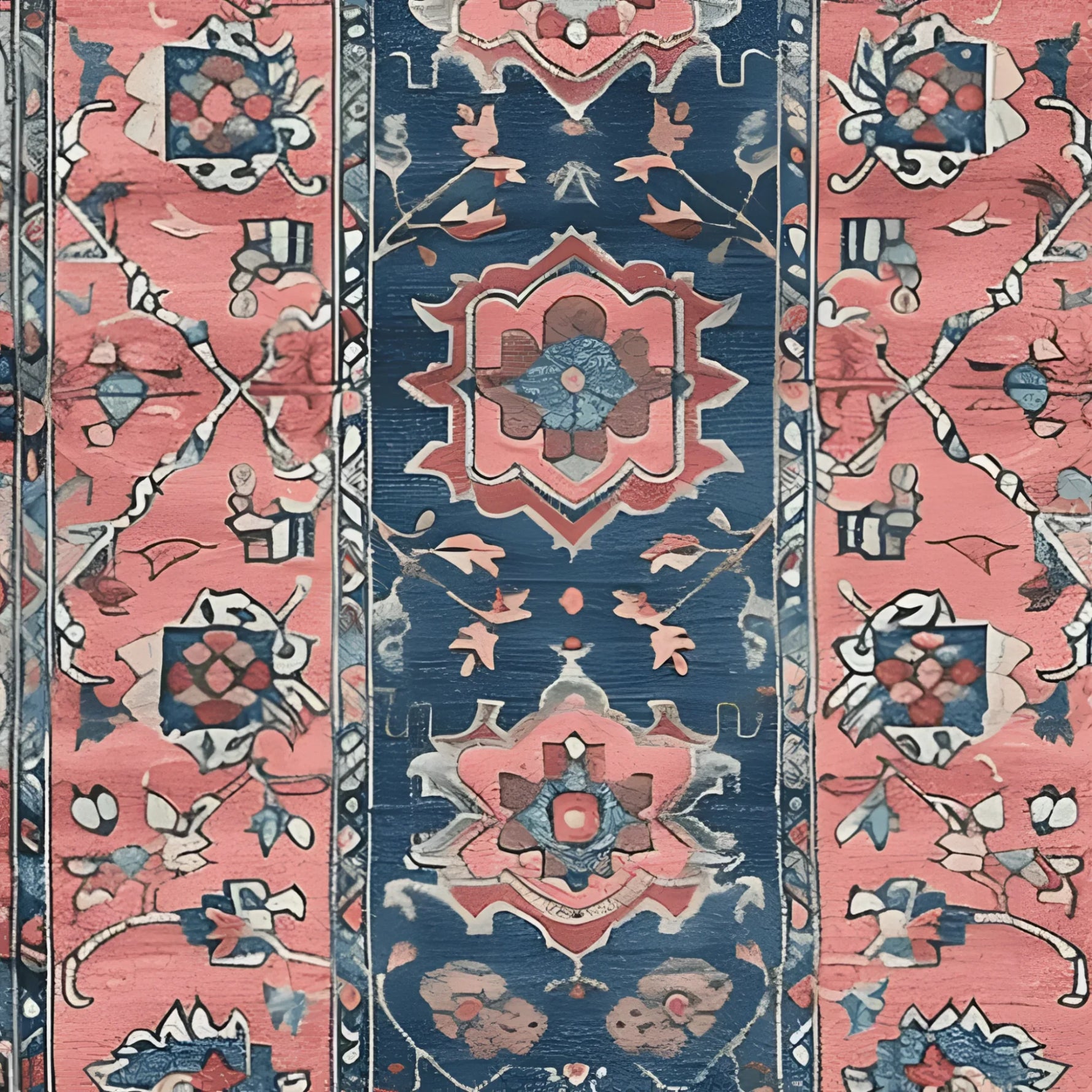 A vibrant Autumnal Elegance hand-knotted area rug featuring a striking Persian design with intricate floral patterns in rich blue and coral hues. Perfect for enhancing the elegance of living rooms, this vintage rug combines traditional artistry with a modern touch.